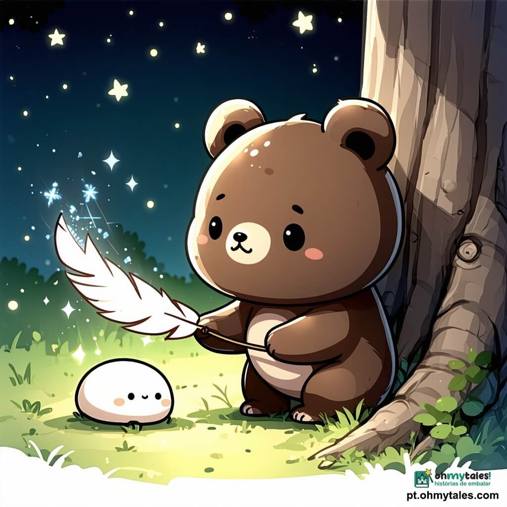 Um ursinho marrom chibi de pelagem macia e arredondada, olhos redondos e brilhantes com expressão corajosa porém um pouco preocupada, oferecendo delicadamente uma longa pena branca salpicada de estrelas; uma pequena luz chamada Lúmina, esfera translúcida azul-ciano cintilante com rosto tímido e aliviado, flutua perto do buraco na raiz de uma árvore; várias sombras chibi difusas em semicírculo atrás dela, curiosas e hesitantes; local: uma ilha minúscula no centro de um lago negro com solo coberto de musgo, árvore retorcida com raízes nodosas e um orifício luminoso, neblina baixa e pedras brilhantes na margem; cena noturna sob uma grande lua cheia dourada, atmosfera ligeiramente assustadora porém reconfortante, forte contraste entre a água escura e o brilho de Lúmina, composição centrada no gesto terno do urso oferecendo a pena, iluminação suave contra sombras profundas, estilo infantil com cores pastel nos personagens e tons escuros no ambiente, perspectiva ligeiramente em plongée, texturas macias e contornos arredondados.