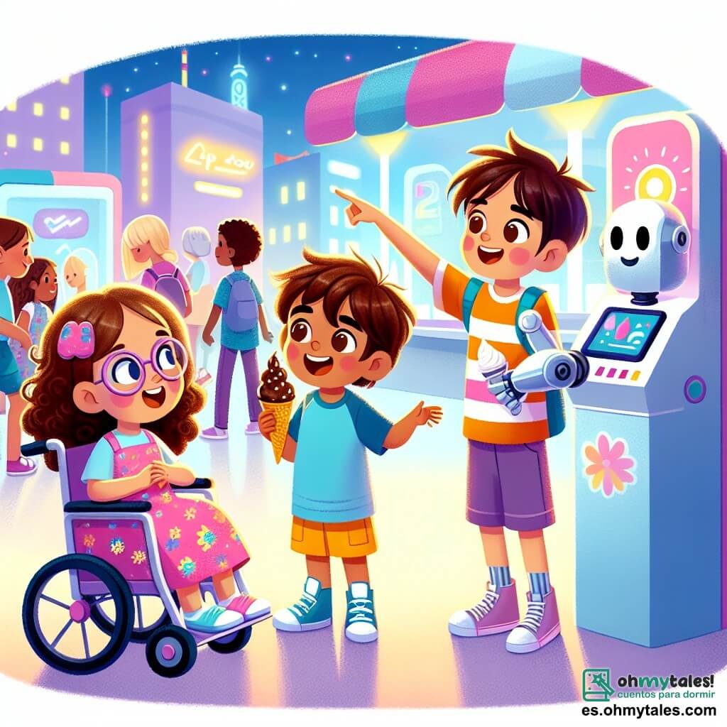 En una ciudad futurista llamada Luminaria, cuatro amigos están juntos, rodeados de edificios brillantes y coloridos. Sara, una niña de 10 años con cabello rizado y gafas redondas, observa asombrada a un robot que reparte helados. Tomás, un niño de 9 años con cabello desordenado y una gran sonrisa, señala un robot mientras se acerca, vestido con una camiseta azul y pantalones cortos amarillos. Luna, una niña de 11 años en silla de ruedas, tiene cabello largo y liso y lleva una blusa violeta. Mateo, un niño de 10 años con gafas de sol en la frente y una camiseta a rayas, cuenta una historia gesticulando. El entorno está lleno de edificios futuristas, luces brillantes y flores coloridas. Los amigos acaban de disfrutar de sus helados y están listos para entrar en la "Sala de Descubrimientos", donde un robot los espera para mostrarles las maravillas del espacio. La emoción y la amistad iluminan sus rostros mientras se preparan para vivir una nueva aventura.