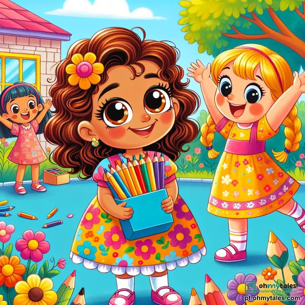 Uma menina de 4 anos, chamada Lia, com grandes olhos brilhantes e cabelos cacheados castanhos, usa um vestido colorido com flores. Ela sorri alegremente, segurando uma caixa de lápis de cor, pronta para desenhar. Ao lado dela, outra menina de 4 anos, Sofia, com cabelos loiros trançados e um vestido amarelo, a incentiva levantando os braços, empolgada com a atividade. Ao fundo, há uma grande parede da escola decorada com desenhos coloridos e um canteiro de flores vibrantes. A cena acontece em um pátio ensolarado, onde as crianças brincam e riem juntas. Lia e Sofia estão pintando um grande mural, preenchendo a parede com cores vivas e formas alegres, simbolizando sua nova amizade e a alegria do retorno às aulas.