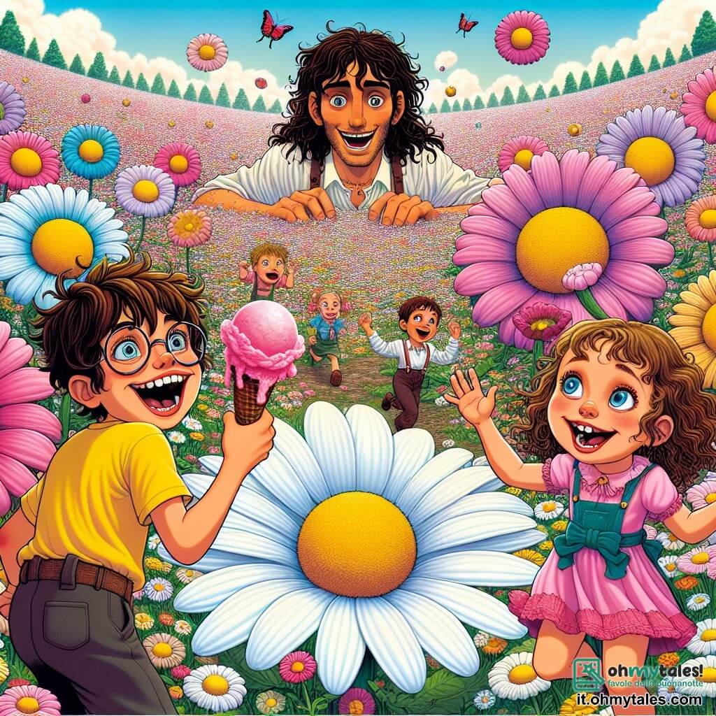 In un campo di margherite giganti dai petali colorati, quattro amici si ritrovano al centro della scena. Marco, un ragazzo di 10 anni con capelli castani e una maglietta gialla, ride mentre tiene una margherita che gli offre un gelato alla fragola. Alla sua destra, Sara, una ragazza di 9 anni con capelli biondi e ricci, indossa un vestito rosa e guarda incantata i fiori che parlano. A sinistra, Luca, un ragazzo di 11 anni con occhiali e un cappello da pirata, si prepara a ballare con un sorriso malizioso, mentre Chiara, una ragazza di 10 anni con lunghi capelli neri e un vestito blu, si solleva in aria con ali di farfalla, affascinata dalla magia del luogo. Il campo è pieno di fiori giganti dai colori vivaci, alberi danzanti e nuvole a forma di caramelle fluttuano in un cielo blu brillante. La scena principale mostra gli amici che ballano gioiosamente con conigli che indossano occhiali da sole, mentre un pesce volante passa sopra di loro, creando un'atmosfera ludica e assurda.