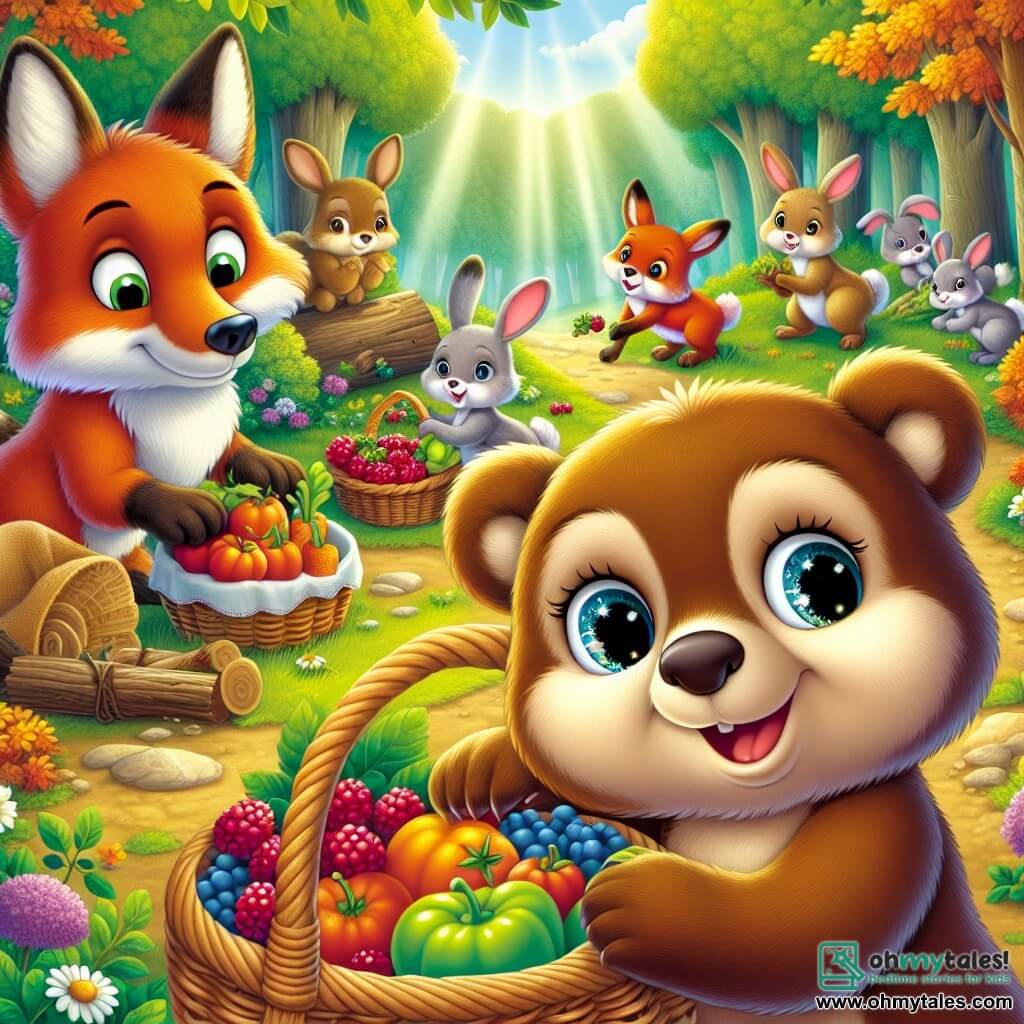 An illustration depicts a young brown bear with sparkling eyes and soft fur, displaying an expression of determination and joy while gathering colorful berries in a large wicker basket, beaming with a bright smile. Nearby, an old fox with a reddish coat and wise eyes, marked by time, observes with a grateful look, holding a small branch to help build a shelter, showing pride. A group of rabbits with large ears and varied fur is busy sorting fresh vegetables, their faces expressing enthusiasm and hope, gathered in a corner of the clearing, working together eagerly. The main setting is a sunny clearing in the heart of a lush forest, surrounded by majestic trees with vibrant leaves and colorful flowers scattered on the ground. Sun rays filter through the branches, creating a warm and welcoming atmosphere. The main scene shows the united animal community working together to gather food and build shelters, symbolizing solidarity and mutual aid in the face of challenges. Other graphical elements include baskets filled with berries and vegetables, tools made from branches, and small shelters under construction, adding life and dynamism to the scene.