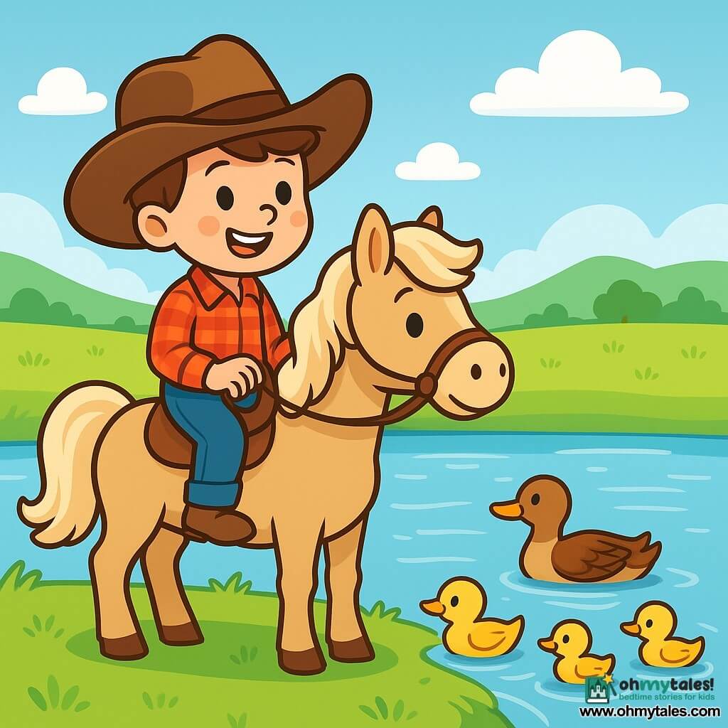 A young cowboy, a ten-year-old boy, smiling and determined, wears a large brown hat, a red checkered shirt, and denim pants. He is sitting on his gentle horse, Dusty, a beige horse with a wavy mane, looking at the sparkling wide river in front of him. Nearby, a family of ducks, with yellow and brown feathers, swims peacefully in the water, adding life to the scene. The landscape is vast and sunny, with lush green meadows stretching as far as the eye can see, gentle hills in the background, and a blue sky dotted with fluffy white clouds. The main scene shows the boy and his horse carefully observing the river, searching for the best place to cross, with expressions of curiosity and excitement on their faces.