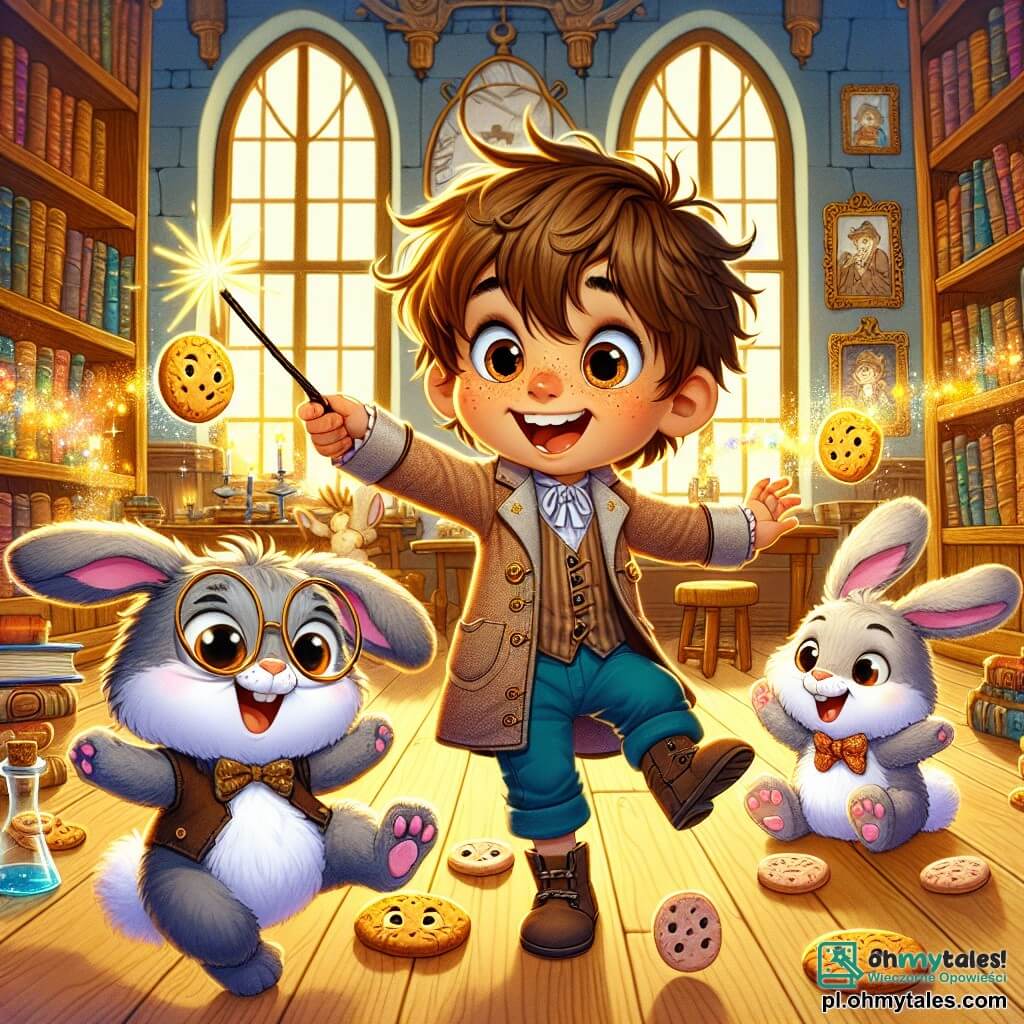 Na środku obrazu mały chłopiec, czarodziej Staś, mający trzy lata, z rozczochranymi brązowymi włosami i błyszczącymi oczami, macha swoją magiczną różdżką z szerokim uśmiechem na twarzy, otoczony kolorowymi błyskotkami. Obok niego skaczą dwa urocze pluszowe króliki, jeden w okrągłych okularach, a drugi w małym kapeluszu, próbując złapać tańczące ciasteczka, które uciekają wokół nich. Tło to magiczna sala lekcyjna, wypełniona starymi książkami, kolorowymi miksturami na drewnianych półkach i oknami wpuszczającymi miękkie złote światło, tworzącymi zaczarowaną atmosferę. W tle duże, błyszczące lustro odbija obrazy tańczących ciasteczek, dodając magii scenie. Główna sytuacja przedstawia Staśa i króliki w pełnym biegu, śmiejących się i bawiących, podczas gdy zabawne ciasteczka uciekają i tańczą wokół nich, tworząc wesoły bałagan w klasie.