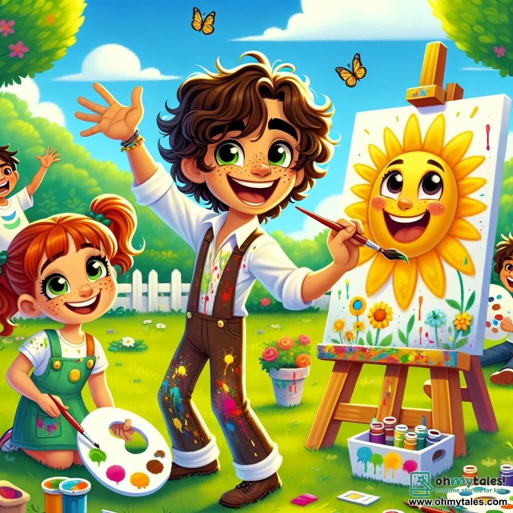 A young man named Oliver, with curly brown hair and paint-splattered clothes, stands joyfully in front of his easel, a broad smile lighting up his face. He mixes paints on his palette, his eyes sparkling with excitement and creativity. Next to him, Mia, an 8-year-old girl with red pigtails and freckles, paints a large smiling sun on a canvas, her arms raised in enthusiasm as she adds bright yellow touches. A bit further away, Leo, a 7-year-old boy with messy hair and a mischievous look, proudly shows off his round-eyed green monster, laughing at his own creation. The scene takes place in a sunny park, surrounded by vibrant green trees and colorful flowers. The sky is bright blue with a few fluffy white clouds, and butterflies flutter around, adding to the joyful atmosphere. The main focus is on Oliver and the children painting together, sharing laughter and colors, creating a collaborative artwork that celebrates their creativity and friendship.