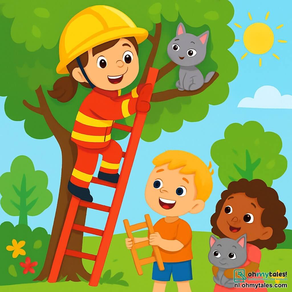 Een glimlachende brandweervrouw, Lotte, staat bovenaan een grote rode ladder, gekleed in een glanzend uniform en een gele helm. Ze heeft kastanjebruin haar in een paardenstaart en toont een vastberaden en blije uitdrukking. Onderaan de ladder moedigt een jongetje van ongeveer 6 jaar, Max, met blond haar en sprankelende ogen haar aan met een grote glimlach, terwijl hij een kleine plastic ladder vasthoudt. Naast hem kijkt een 5-jarig meisje met krullend haar en een roze jurk met verwonderde ogen, terwijl ze een grijze kitten in haar armen houdt. De scène speelt zich af in een groen park, met loofbomen en kleurrijke bloemen eromheen. Op de achtergrond is er een heldere blauwe lucht en een stralende zon. De hoofdactie toont Lotte die een klein katje redt dat vastzit in een hoge tak, terwijl de kinderen applaudisseren en hun heldin aanmoedigen.