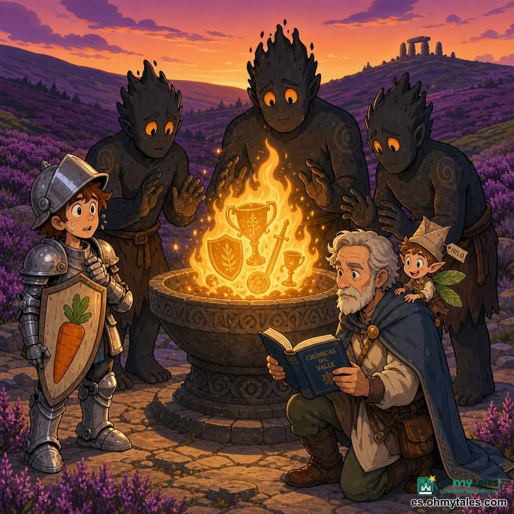 Hombre adulto — Gael: rostro arrugado y amable, pelo gris corto, barba blanca corta, ojos serenos; arrodillado frente a un gran brasero de piedra, sostiene un pequeño libro azul abierto y lee en voz clara, expresión serena y decidida. Joven adulto — Sir Luno (≈18 años): casco grande que le cae sobre la frente, armadura ligera brillante pero torpe, escudo pintado con una zanahoria, de pie a la izquierda de Gael con manos temblorosas y mirada asombrada hacia el fuego. Criatura pequeña — Nilo: duendecillo de papel con alas de hoja, tamaño de una taza, sombrero de etiqueta, posado en el hombro derecho de Gael, divertido y cómplice, ojos brillantes. Criaturas secundarias — Tres Fogoneros: siluetas humanoides de carbón negro con ojos de brasa naranja, formas redondeadas y amables; flanquean el brasero con manos cerca de la piedra caliente, tranquilos pero cautelosos. Lugar: hondonada de la Landa de Brezo al crepúsculo, colinas bajas de brezo violeta, piedras negras alrededor del brasero, cielo violeta con nubes rosadas y humo dorado ascendiendo en volutas. Situación: escena cálida y mágica: Gael lee un cuento junto al brasero dorado para apaciguar un fuego que refleja trofeos; los Fogoneros escuchan y Sir Luno observa fascinado; iluminación suave con contrastes cálidos (naranja, dorado) y fríos (violeta, gris) de estilo heroic-fantasy infantil.