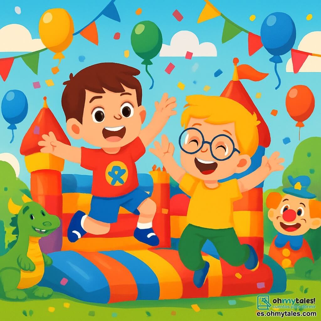 Hay 2 personajes principales: Pablo, un niño de 5 años con cabello castaño y ojos brillantes, vestido con una camiseta roja con un dibujo de superhéroe y un pantalón corto azul, que salta alegremente en un castillo inflable; y Lucas, un niño de 5 años con cabello rubio y gafas redondas, que lleva una camiseta amarilla y un pantalón verde, riendo y levantando los brazos al lado de Pablo, listo para saltar. La escena tiene lugar en un parque vibrante y colorido, lleno de decoraciones de carnaval, con globos de colores flotando y serpentinas de papel danzando con el viento. Al fondo, un gran castillo inflable de colores vivos atrae a los niños, mientras personajes fantásticos como un dragón amistoso y un payaso alegre se mezclan con la multitud. La situación principal muestra a Pablo y Lucas divirtiéndose en el castillo inflable, rodeados de risas y alegría, saltando alto con rostros radiantes de felicidad, mientras caen confetis de colores, creando un ambiente festivo y mágico.