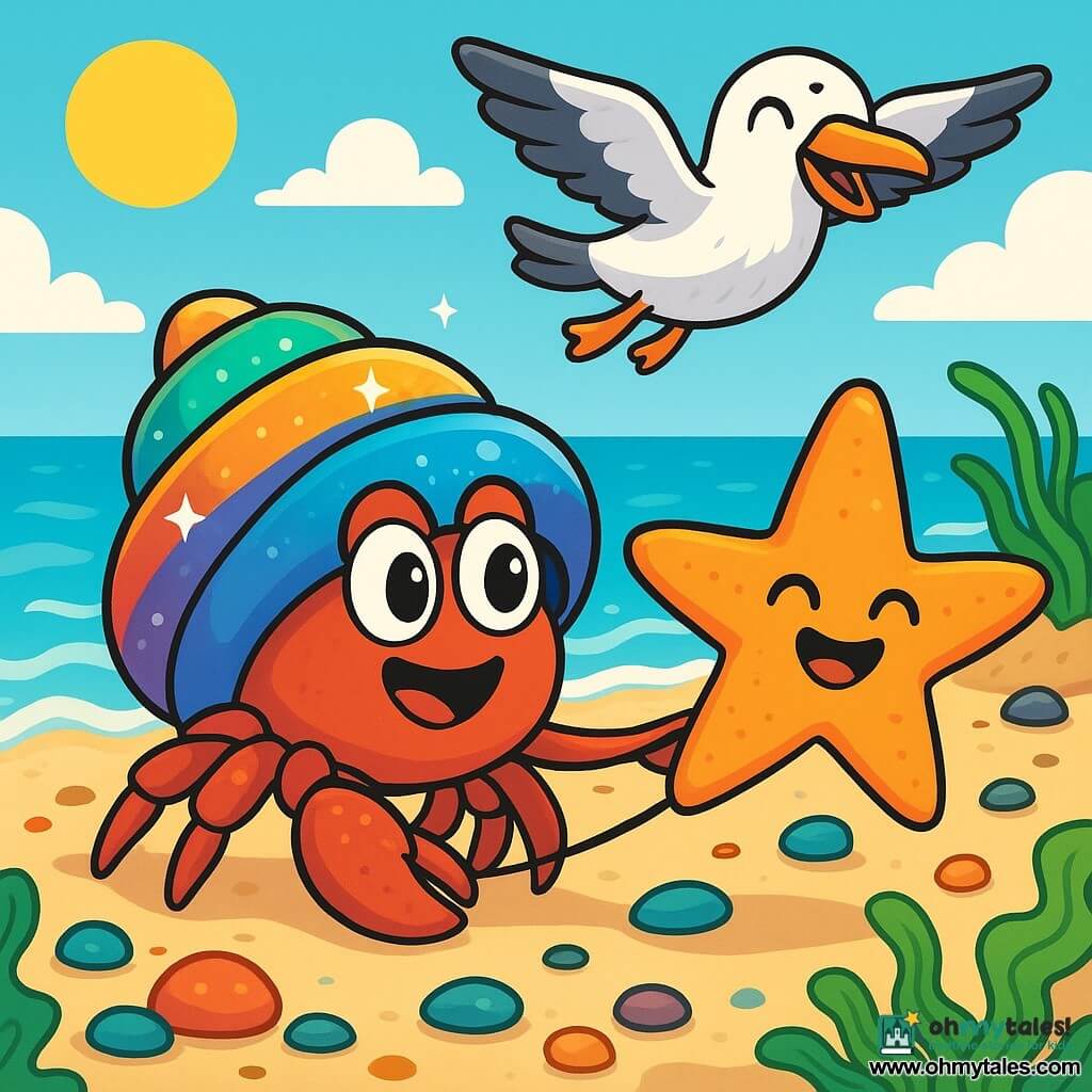 A little hermit crab, Pip, with a shiny, colorful shell, shows a joyful and determined expression. He is pulling a small starfish, Tilda, who has vibrant arms and a bright smile, while standing on a rock near the water. Sera, a seagull with white and gray feathers, flies above them, laughing playfully with a feather in her beak. The setting is a sunny beach with colorful pebbles sparkling in the sun, gentle waves lapping at the shore, and green seaweed swaying in the breeze. The scene depicts Pip and his friends helping each other lift a shiny shell, surrounded by laughter and camaraderie, capturing the spirit of a fun and joyful adventure.