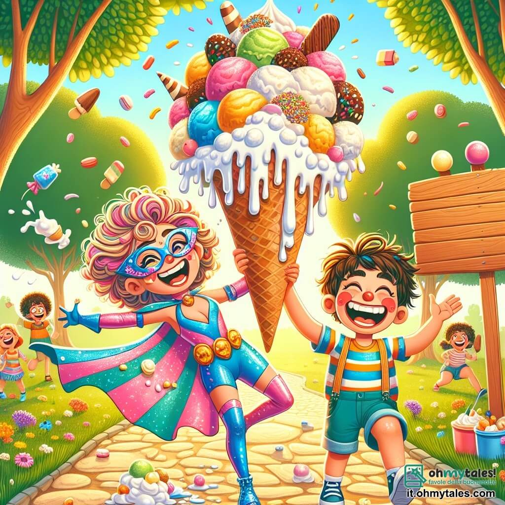 Linda, una supereroina gioiosa, è una giovane donna con capelli ricci e occhiali colorati. Indossa un costume brillante dai colori vivaci, con un mantello fluttuante, e sorride mentre tiene un grande cono gelato gigante, stracolmo di panna montata e coriandoli. Accanto a lei, Pino, un ragazzino con capelli disordinati e un grande cappello da clown, ride mentre si strofina la panna montata sul viso. Indossa una maglietta a righe e un pantaloncino, e sembra divertito dal disastro che ha creato. La scena si svolge in un parco soleggiato, pieno di alberi verdi e fiori colorati. I bambini giocano intorno a loro, e un grande cartello in legno indica "Festa del Gelato" sopra un tavolo decorato con caramelle. La situazione principale mostra Linda e Pino, circondati da risate, mentre creano insieme un gelato gigante, mentre risate e spruzzi di panna montata volano nell'aria, illustrando la loro amicizia e il loro spirito ludico.