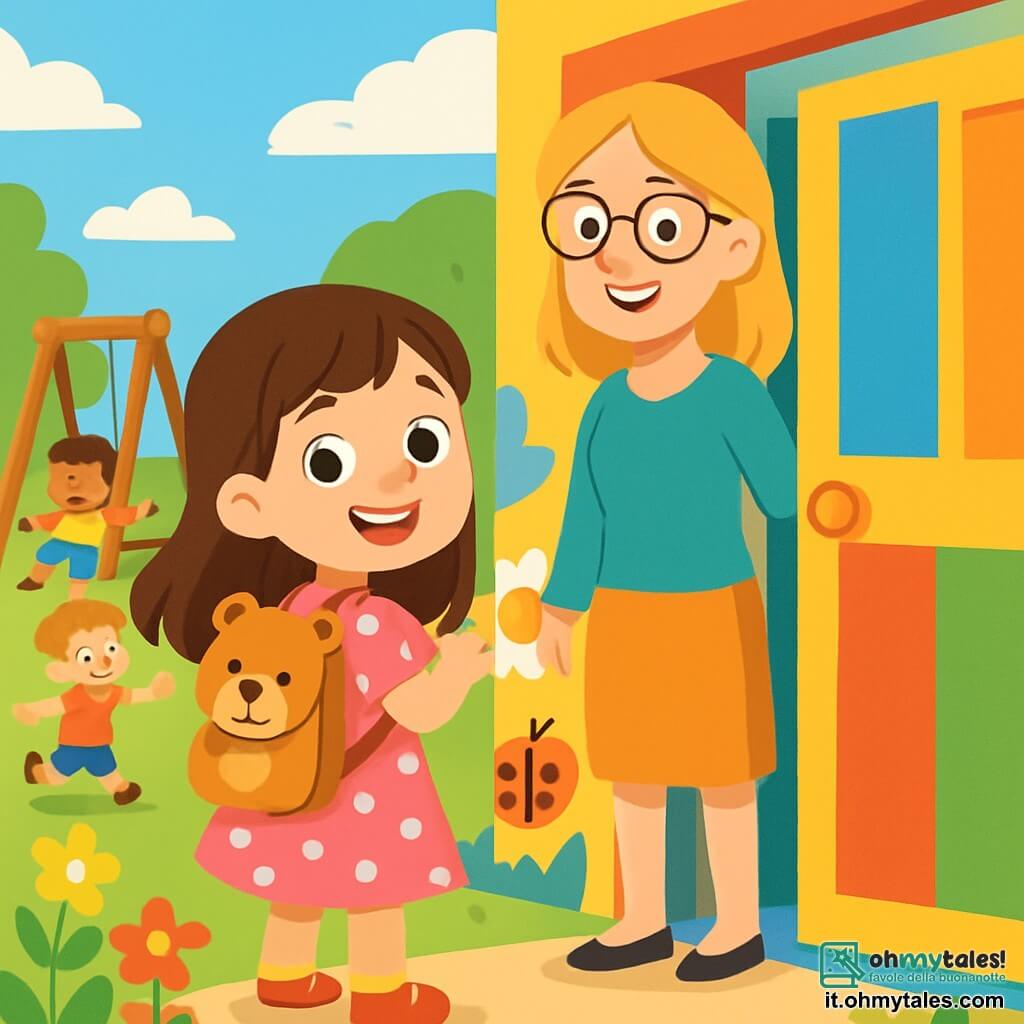 Una bambina di 4 anni, Sofia, con lunghi capelli castani e occhi brillanti di curiosità, indossa un vestito rosa a pois e uno zaino a forma di orso. Ha un grande sorriso sul volto, mostrando la sua eccitazione per il primo giorno di scuola. Accanto a lei, l'insegnante Laura, una donna di circa 30 anni con capelli biondi e occhiali, sorride calorosamente mentre tiene una porta colorata della scuola. Sullo sfondo, bambini di diverse età giocano felicemente in un cortile soleggiato, pieno di fiori colorati e giochi di legno. La scena si svolge davanti a una scuola con muri dipinti di colori vivaci, con disegni di animali e fiori. Sofia, un po' nervosa ma piena di entusiasmo, si trova davanti alla porta della scuola, pronta a entrare in questo nuovo mondo di apprendimento e amicizia.