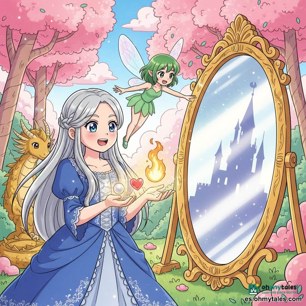 Princesa Luna (niña ~12 años) de rostro redondo, ojos brillantes y cabello largo plateado, vestida con un traje azul noche bordado en plata, sostiene una perla nacarada, un pequeño corazón rojo translúcido y una llama dorada flotante; Hada Brisa (criatura aérea infantil) de cabello corto verde y alas irisadas, sonríe y vuela a la altura del hombro extendiendo una mano brillante hacia un espejo; pequeña dragona guardiana de escamas doradas y mirada suave yace detrás como protectora, emitiendo un resplandor cálido; todo frente a un gran espejo antiguo con marco dorado en una clareira de árboles de bastón de caramelo, ríos como vidrio y nubes de algodón rosa; la princesa pronuncia un encantamiento, los tres objetos brillan y una luz suave del espejo refleja un castillo perdido, atmósfera mágica, colores vivos y esperanza.