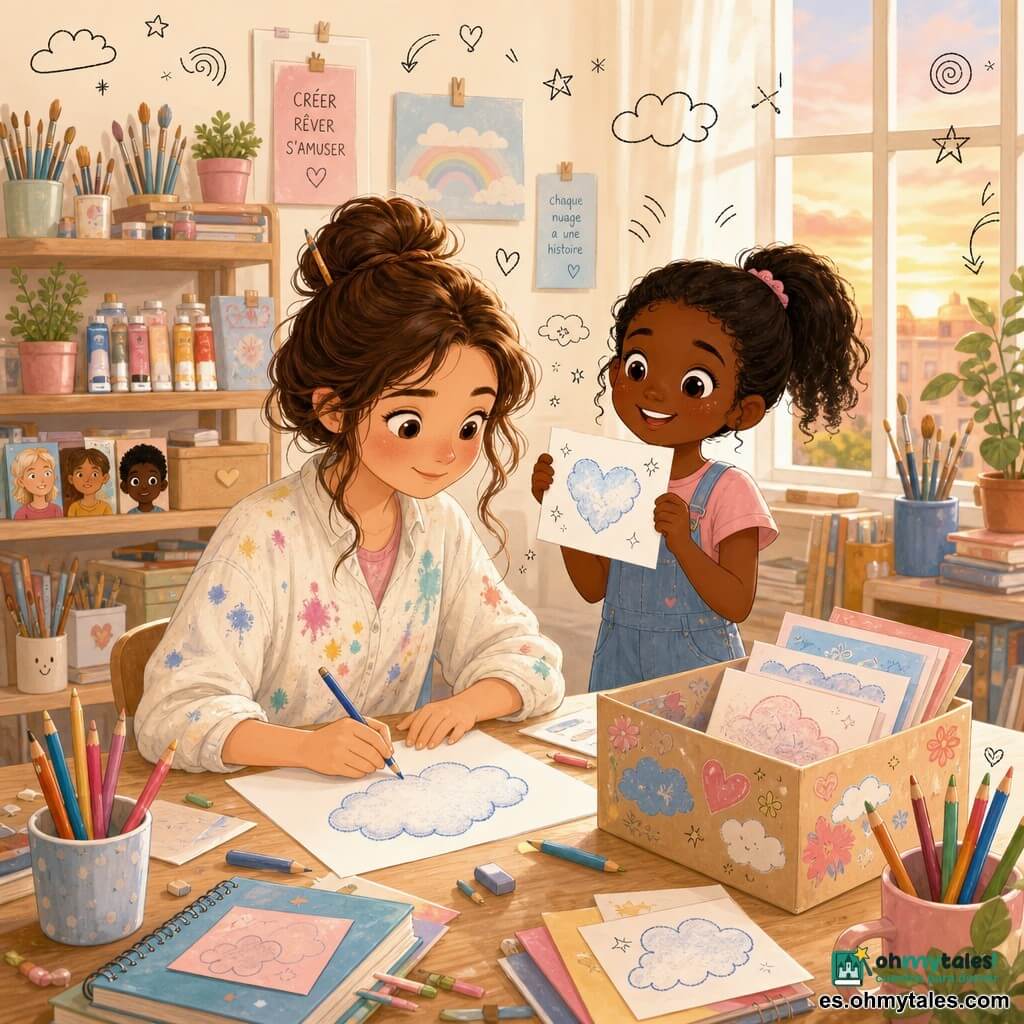 Alma es una mujer, aprendiz de artista, de sonrisa dulce y mirada concentrada, cabello castaño recogido en un moño con mechones sueltos, bata manchada de pintura, sentada a una mesa de madera dibujando una nube grande y esponjosa en una hoja blanca; Lila, una niña de unos 7 años con coleta negra y ojos brillantes, está a la derecha de Alma mostrando orgullosa una hoja con una nube en forma de corazón; el taller es luminoso, paredes crema y una gran ventana que deja entrar la cálida luz del atardecer, estanterías de madera con pinceles, tubos de pintura y cuadernos, y en la mesa una caja de cartón con dibujos de nubes; situación: las dos amigas ríen suavemente dibujando nubes lado a lado, papeles, lápices y gomas dispersos, ambiente creativo y suave en tonos pastel (azul polvo, rosa salmón, amarillo dorado) con pequeñas estrellas y garabatos flotando alrededor.