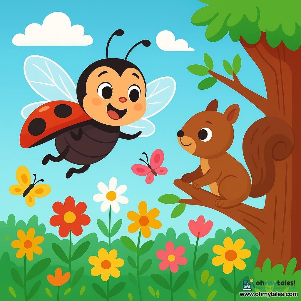 A joyful ladybug, with a bright red body dotted with shiny black spots, enthusiastically flies over a field of vibrant flowers, its small translucent wings sparkling in the sun. It has a big smile, its eyes sparkling with curiosity and excitement. Next to it, a small brown squirrel with mischievous eyes and a bushy tail climbs a tree branch, watching the ladybug with admiration. The setting is an enchanting garden filled with colorful flowers, fluttering butterflies, and a clear blue sky dotted with fluffy white clouds. The ladybug and the squirrel are about to enter the beautiful magical meadow, where they hope to see wonders and make a wish.
