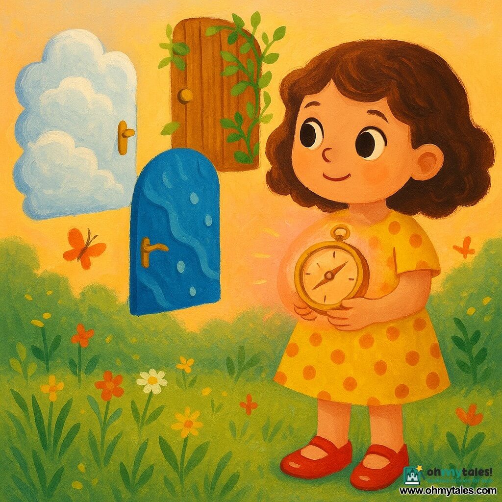 A 4-year-old girl with large bright eyes, a brave smile and chin-length curly brown hair wears a speckled yellow dress and red patent shoes and holds a warm round golden compass glowing soft pink-orange with a small upward needle that hovers above her hand; three doors float in an arc before her—a fluffy white cloud door with silver edges, a wooden door entwined with green vines, and a wavy blue sea-like door with sparkling droplets—in a morning garden of green grass and wildflowers bathed in soft golden light with butterflies and dust motes; she looks at the compass and the doors, hesitant but determined, ready to choose an adventure, with an atmosphere of wonder and calm anticipation.