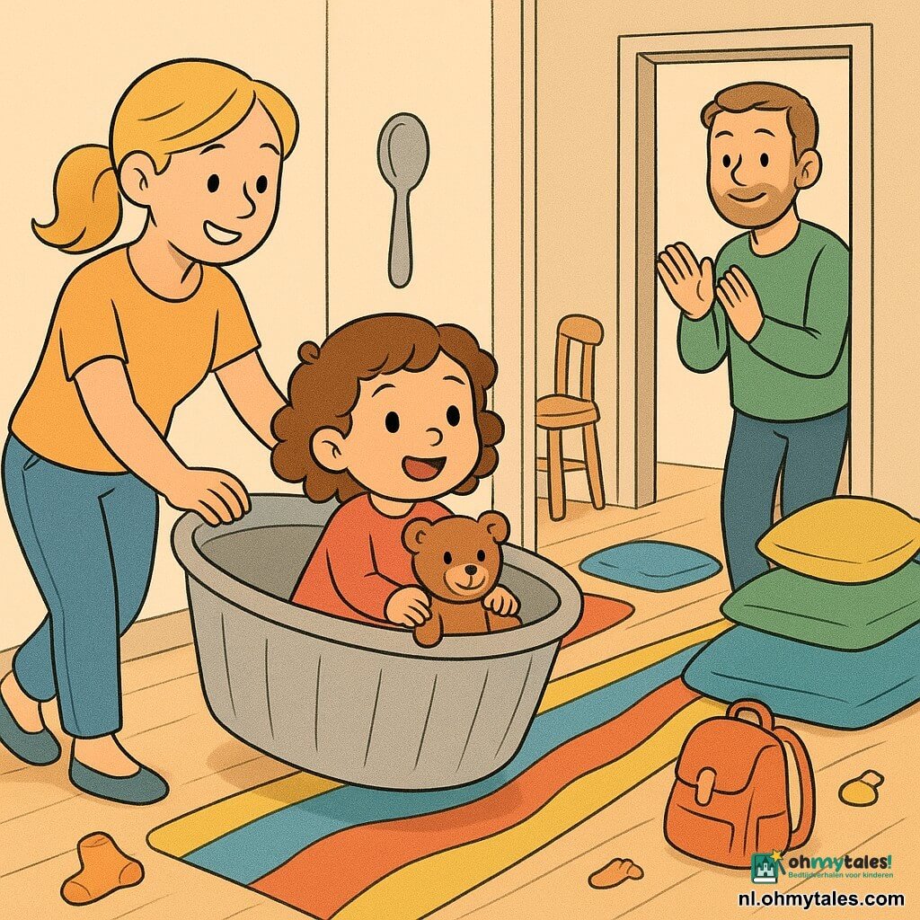 Een stralend en nieuwsgierig 2-jarig meisje met krullend bruin haar en een teddybeer klimt in een grote wasmand die als boot fungeert; mama (ongeveer 30, blond haar in een strakke knot) houdt haar hand of duwt zachtjes, papa (ongeveer 32, lichte baard) legt een kussen als “berg” en kijkt glimlachend vanuit de deuropening. De gang is fantasierijk: een kleurrijk tapijt wordt een pad, stapels kussens vormen een berg, een hoge kinderstoel wordt een toren en een glanzende lepel fungeert als magische peddel. Hoofdscène: het meisje in de wasmand-boot glijdt over het tapijt-pad, mama duwt, papa applaudisseert; zachte sfeer, warme kleuren, duidelijke lijnen, eenvoudige texturen en kinderlijke details (speelgoed, verspreide sokken, een klein tussendoortje in een rugzak). Grafische stijl: minimale tekstballonnen, goed leesbare gezichtsuitdrukkingen, pastelpalet, zachte contrasten en compositie gecentreerd op het meisje om het huiselijke avontuur te benadrukken.