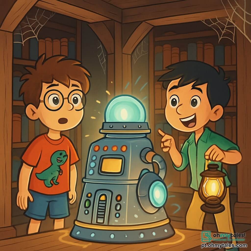 Há 2 personagens principais: - Lucas: Um garoto de 9 anos, com cabelos castanhos bagunçados e óculos redondos. Ele usa uma camiseta vermelha com um desenho de dinossauro e um short azul. Ele está à esquerda, olhando com admiração a máquina do tempo. - Tiago: Um garoto de 9 anos, com cabelos negros e olhos brilhantes. Ele usa uma camisa xadrez verde e uma calça bege. Ele está à direita de Lucas, segurando uma lanterna e apontando para a máquina com excitação. O local da cena principal é um velho alpendre de madeira, dentro de uma biblioteca antiga. As paredes estão cobertas de livros de couro desgastado, e teias de aranha pendem nos cantos. No centro, uma máquina do tempo de metal brilhante, adornada com botões coloridos e luzes piscantes, emite um brilho misterioso. A cena principal da história mostra Lucas e Tiago descobrindo a máquina do tempo, com os rostos iluminados pela curiosidade e aventura, prontos para ativar a máquina e ansiosos para viajar no tempo, cercados por livros e objetos antigos que evocam épocas passadas.