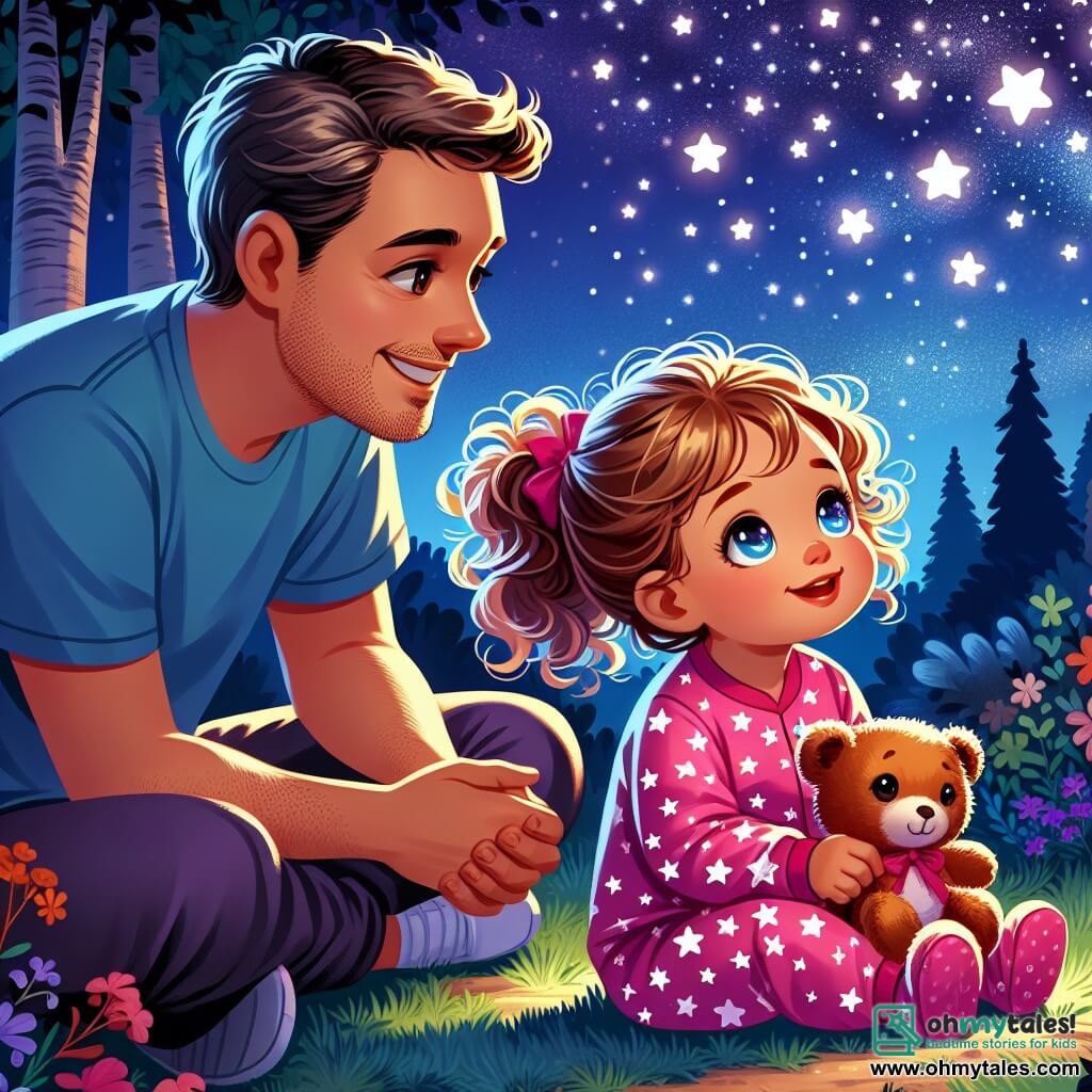 A 2-year-old girl with curly hair and bright eyes curiously gazes at the starry sky. She wears a pink pajama with white stars and has a look of wonder on her face. Next to her, her smiling father, a man in his thirties, shows her the stars, dressed in a blue t-shirt and casual pants. Her mother, a gentle woman in her thirties with long brown hair, sits on the grass holding a soft and fluffy teddy bear named Teddy. The setting is a peaceful garden illuminated by starlight, with colorful flowers and dark trees against the night sky. The main scene shows the little girl, enchanted by the stars, while her parents explain that the dark can be beautiful and friendly.