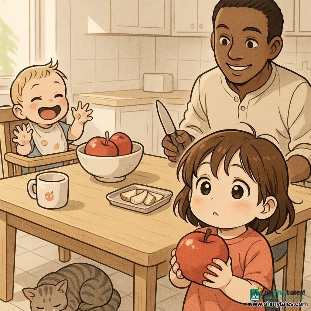 A 2-year-old girl with a round face and slightly tousled brown hair holds a large red apple, blushing with a guilty-proud expression; a roughly 1-year-old boy (Ben) with fine blond hair and banana-smeared hands sits laughing in a wooden high chair to her left; their father, about 35, short hair and a soft smile, stands behind the table to the right holding a safe plastic knife and a tray of apple slices; a gray tabby cat sleeps curled near the table beside a small red drop on the floor; a bright morning kitchen with a light wood table, a fruit bowl missing an apple, a white ceramic mug with a small red sticker and sunlight streaming through the window; main moment: a gentle "reveal" as the girl shows the apple found in her lunch bag, everyone smiling in a warm, sharing atmosphere.