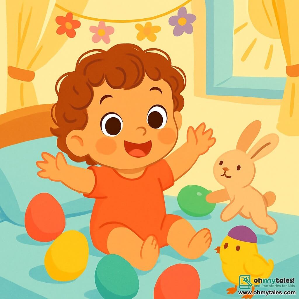 A 2-year-old girl named Mila, with big bright eyes and curly hair, is sitting on her bed surrounded by colorful egg-shaped balloons. She is joyfully smiling, her rosy cheeks and hands raised in the air as if ready to have fun. Next to her, a small plush bunny with long soft ears seems to jump with joy, while a bright yellow chick wearing a purple hat stands near her pillow, looking at Mila with curiosity. The room is decorated with pastel flower garlands and sunlight filtering through the curtains, creating a warm and festive atmosphere. Mila is about to start her Easter egg hunt, with colorful eggs hidden all around her, filling the air with excitement and magic.