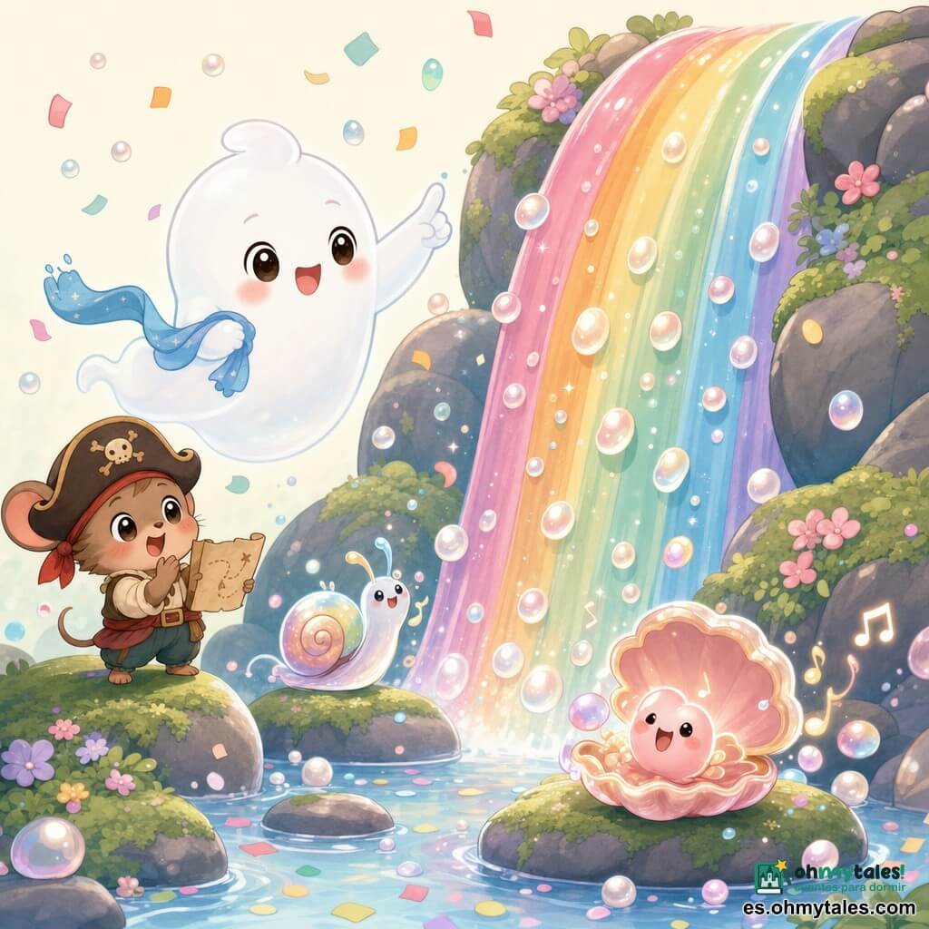 Nube, un pequeño fantasma alegre y sonriente de forma redondeada y translúcida, sostiene un pañuelo azul y cuenta hasta diez frente a una cascada de colores; Toto, una ratoncito pirata travieso con sombrero marrón, aplaude desde una piedra; una gota-caracol brillante baila en otra piedra y, al llegar al diez, una concha cantarína nacarada cae desde la base de la cascada soltando burbujas sonoras y confeti multicolor, creando una escena festiva y suave.