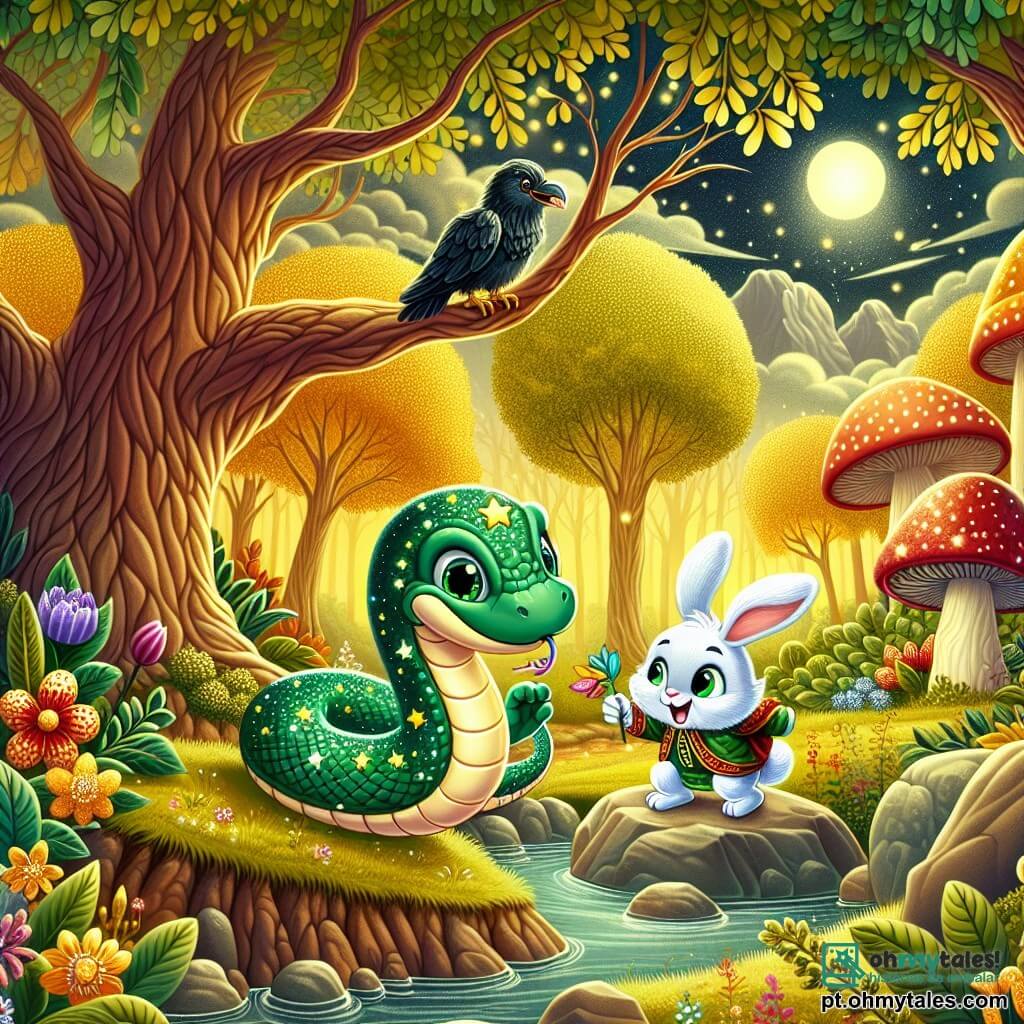Um pequeno serpente chamado Caco, com escamas brilhantes como estrelas e olhos verdes cintilantes, está perto de um riacho, exibindo uma expressão de determinação e curiosidade. Ao seu lado, uma coelhinha branca chamada Lili, com grandes orelhas e um sorriso alegre, o incentiva segurando uma flor colorida em suas patas. Ao fundo, uma majestosa árvore de carvalho, com galhos largos e folhagens, abriga um corvo negro chamado Castor, que observa a cena com um ar sábio, pronto para dar conselhos. O local é uma floresta encantada, cheia de luz dourada filtrando através das folhas, com flores vibrantes e cogumelos gigantes espalhados. A situação principal mostra Caco e Lili trabalhando juntos para mover uma grande pedra que bloqueia o fluxo de água do riacho, simbolizando a união e a amizade em sua busca para restaurar a melodia da natureza.