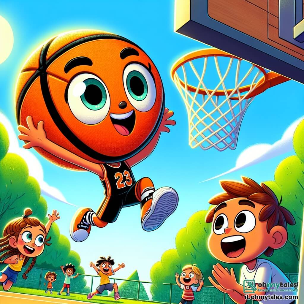 Rimbalzo, un pallone da basket arancione brillante con strisce nere, salta verso un enorme canestro, la sua espressione è piena di determinazione ed eccitazione. È circondato da Marco, un ragazzo dai capelli castani e occhi scintillanti, che lo incoraggia con un grande sorriso, e da Sara, una ragazza con capelli biondi intrecciati, che applaude con entusiasmo, i suoi occhi brillano di ammirazione. Il contesto è un parco soleggiato, con alberi verdi lussureggianti e un cielo azzurro chiaro, dove i bambini giocano e ridono sullo sfondo. Al centro dell'immagine, Rimbalzo si eleva maestoso nell'aria, pronto a fare un tiro spettacolare, mentre i suoi amici lo osservano con impazienza, creando un'atmosfera di cameratismo e incoraggiamento.