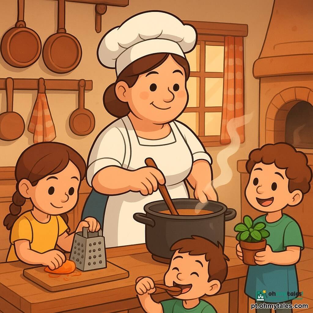 Chef Sofia, cerca de 35 anos, cabelos castanhos presos sob um chapéu branco, rosto arredondado e sorridente, segura uma concha de madeira e mexe uma panela fumegante com expressão acolhedora; menina de 6 anos com tranças e vestido amarelo rala uma cenoura à esquerda de Sofia, concentrada e feliz; menino de 5 anos de cabelo curto e camiseta verde prova a sopa com uma colherinho sentado num banquinho à frente; outra menina de 4 anos de cabelos cacheados e avental azul oferece um pote de manjericão à direita da chef; cozinha rústica e acolhedora com grande mesa de madeira clara, panelas de cobre penduradas, pano de prato xadrez vermelho e branco, janela ensolarada com cortina bordada e forno antigo com vapor suave — cena comunitária segura e calorosa, cores quentes e texturas nítidas.