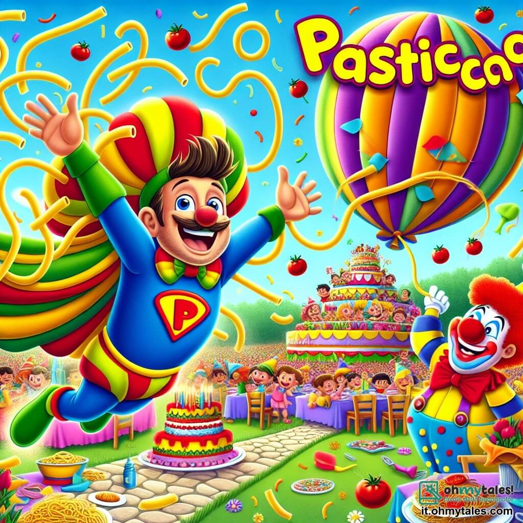 Super Pasticcione è un uomo allegro con un grande sorriso, che indossa un costume colorato fatto di tessuti a forma di spaghetti e pomodori. Sta volando nell'aria, con le braccia aperte e spaghetti che fluttuano intorno a lui, mostrando un'espressione di eccitazione e determinazione. Accanto a lui, il Clown Disastroso, un uomo di circa 30 anni con un naso rosso brillante e capelli in disordine, sta gonfiando un enorme pallone colorato. Sembra un po' goffo ma felice, ridendo della situazione mentre cerca di non far scoppiare il pallone. La scena si svolge in un parco soleggiato, pieno di fiori colorati e risate di bambini. Al centro, si sta svolgendo una grande festa di compleanno, con un castello di palloni multicolori che si erge maestoso, circondato da tavoli decorati con torte e coriandoli. La situazione principale mostra Super Pasticcione e il Clown Disastroso che collaborano felicemente per costruire un castello di palloni, mentre un forte vento minaccia di portarli via, creando un'atmosfera comica e avvincente.