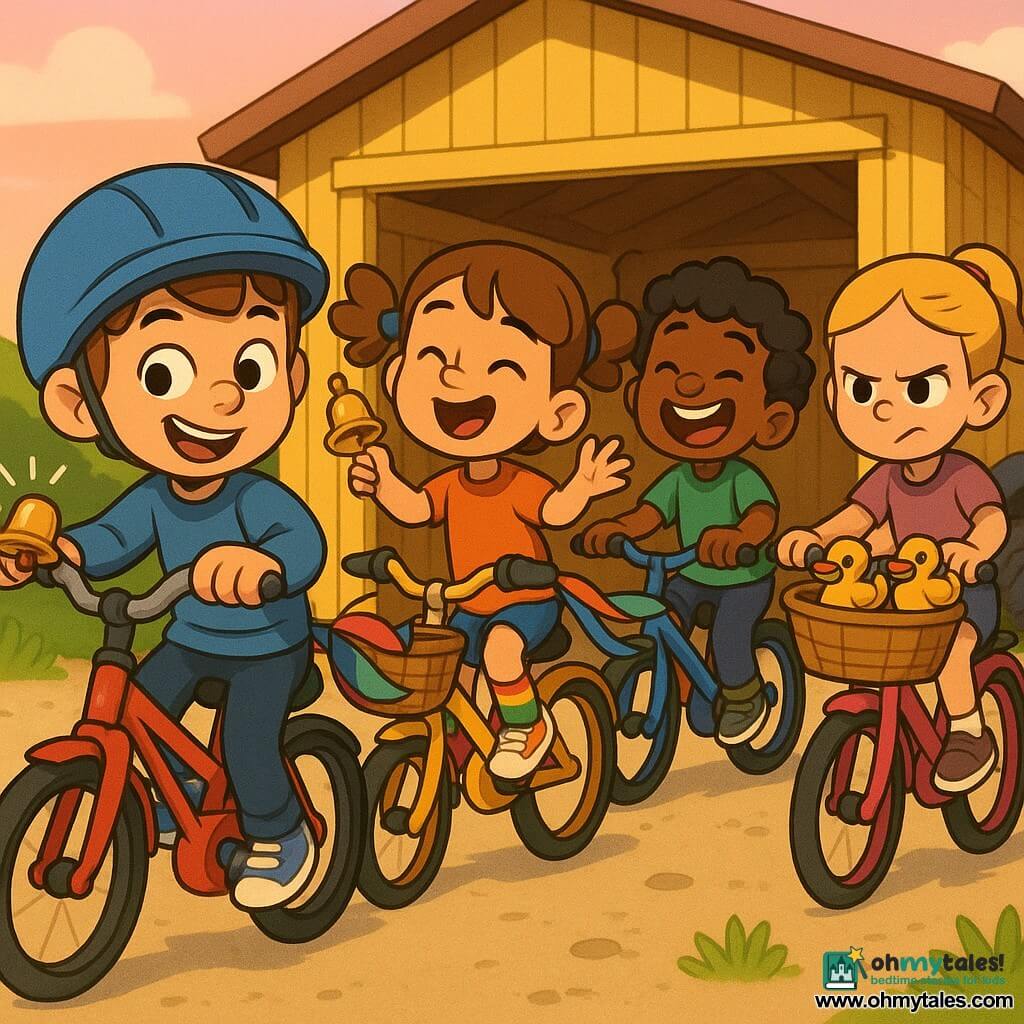 Six‑year‑old Timmy, smiling and mischievous with short light brown hair and a too‑big blue helmet, rings a shiny bell while sitting on a worn‑paint red bike; five‑year‑old Lucy, joyful with brown pigtails and rainbow socks, rides a yellow bike with a basket at Timmy’s left, singing and waving a small bell; five‑year‑old Benny, funny with curly black hair and a wide laughing mouth, wears a green tee and pedals a blue bike slightly behind to the right; six‑year‑old Millie, focused and sly with tied blond hair, holds a wicker basket of rubber ducks on a pink bike to Lucy’s right; they ride side‑by‑side down a light‑gravel lane past a bright yellow bike shed with stacked tires and helmets in the back, scarves tied between seats fluttering, bell tinkling, ducks bouncing, warm late‑afternoon light and long shadows under a pink‑orange sky.