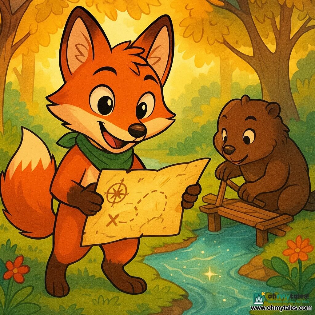 A clever and curious fox named Rowan stands by a sparkling river, his eyes shining with determination and excitement. His soft, silky red fur is complemented by a small green scarf around his neck. He studies an ancient map, illuminated by glimmers of light, with a hopeful smile. Beside him, a hedgehog named Lila, with her brown spines and sparkling eyes, watches the map in wonder, holding a small compass ready to assist her friend. A bit further away, a beaver named Bram, with muscular legs and brown fur, is busy building a small wooden bridge, showing a focused and determined expression. The setting is an enchanted forest, where majestic trees with golden leaves surround them, and colorful flowers line the path. Sunlight filters through the foliage, creating dancing patterns on the ground. The main scene shows Rowan and his friends eagerly on a quest for hidden treasure, examining the map enthusiastically, ready to face the challenges ahead in their adventure.