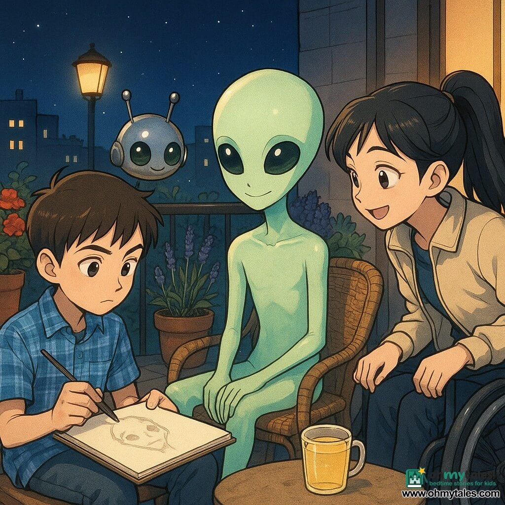 Four characters on a small urban balcony at night: Milo, an 11-year-old boy with short straight brown hair in a blue plaid shirt, seated on a small balcony chair at left, focused on sketching Quill in a drawing pad; Noor, an 11-year-old girl with black hair in a ponytail and a mischievous smile, wearing a light jacket and seated in a wheelchair at the right, leaning toward Milo and watching curiously; Quill, a child-sized alien with pale translucent green glassy skin, large shiny black eyes and a gentle smile, seated between them with hands on its knees and a faint glow; and Pip, a tiny ladybug-sized chrome translator robot with two thin antennae, floating above the table near the pad and blinking. The tiled balcony has a metal railing, crowded flower pots (red geraniums, purple lavender, green basil), a cup of lemonade on the table, a streetlamp and city lights in the background; warm yellow balcony light contrasts with the deep blue starry sky, creating a calm, intimate atmosphere.