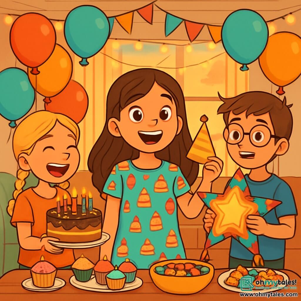 A 12-year-old girl, Mia, with long brown hair and sparkling joyful eyes, stands center stage, a big smile lighting up her face. She wears a colorful dress with cake and balloon patterns, holding a shimmering party hat in one hand. Next to her are her friends: Lucy, a 12-year-old girl with braided blonde hair, laughing while holding a huge cake decorated with candles, and Tom, a 12-year-old boy with glasses and brown hair, holding a star-shaped piñata, ready to hang it up. The setting is a cozy living room filled with colorful balloons floating from the ceiling, twinkling garlands, and a large table covered with candies and cakes. In the background, windows let in the golden light of the setting sun, adding to the festive atmosphere. The scene captures the moment Mia discovers her birthday surprise, surrounded by her friends, all ready to celebrate with joy and excitement.