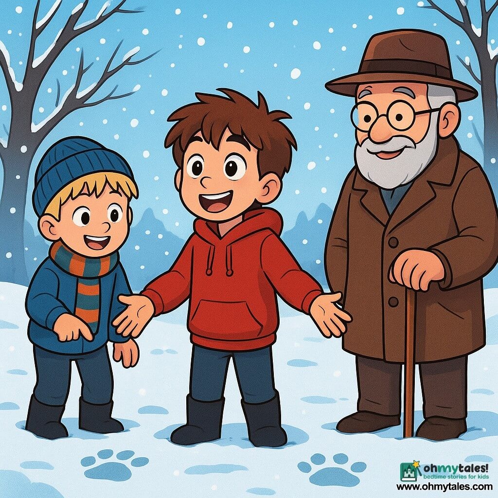 There are 3 characters: Max, a 10-year-old boy with messy brown hair and sparkling curious eyes, wearing a large red hoodie and black boots, standing in the center with arms open, amazed by the snow; Leo, a 10-year-old boy with short blonde hair and rosy cheeks, wearing a blue beanie and a striped scarf, slightly behind, laughing and pointing at a footprint in the snow; and Grandpa, a 70-year-old man with a gray beard and round glasses, wearing a brown wool coat and a felt hat, standing next to Max, smiling and holding a cane, looking at the children with tenderness. The scene takes place in a snowy garden surrounded by tall, bare trees with snow-laden branches. The sky is light blue, and the ground is covered with a thick layer of sparkling snow, with snowflakes gently falling, adding a magical touch to the scene. The main situation shows Max and Leo, enchanted by the beauty of winter, discovering animal footprints in the snow, while Grandpa watches them with a kind smile, sharing a moment of joy and discovery together.
