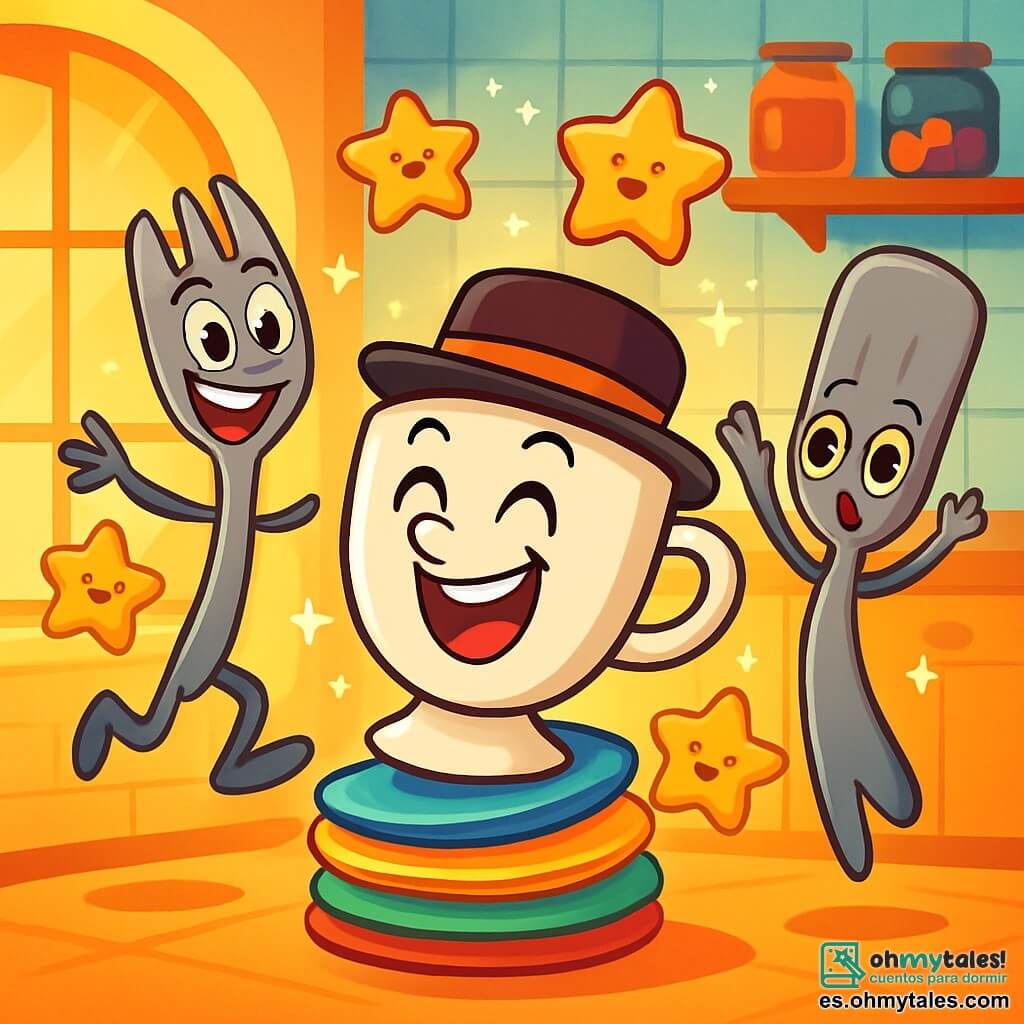 Tino, una taza elegante con un sombrero de copa, está en el centro de la imagen, mostrando una gran sonrisa alegre y riendo a carcajadas. Se encuentra de pie sobre una pila de platos coloridos, rodeado de pasteles en forma de estrellas que flotan a su alrededor. Palito, un tenedor travieso con ojos pícaros, está justo al lado de Tino, saltando de alegría con una gran sonrisa y sus dientes blancos brillantes. Luli, una espátula creativa, está un poco más atrás, con los brazos levantados, maravillada por la magia que los rodea, con estrellas en los ojos. La escena se desarrolla en una cocina mágica, llena de colores vivos, con paredes de azulejos pastel y estanterías llenas de tarros de mermelada y frutas coloridas. Rayos de luz dorada filtran a través de la ventana, iluminando la habitación. Los amigos ríen y flotan alegremente en el aire, rodeados de pasteles brillantes, creando una atmósfera de fiesta y camaradería.