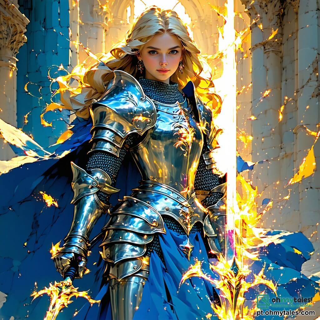 No centro da imagem, uma corajosa cavaleira, Seraphina, se ergue orgulhosamente. Ela usa uma armadura brilhante adornada com motivos de dragões, com longos cabelos dourados caindo em cascata sobre os ombros. Seu rosto expressa determinação e bravura, seus olhos brilhando de emoção enquanto empunha uma espada cintilante, pronta para enfrentar o perigo. Ao seu lado, um jovem escudeiro chamado Theo, com cerca de 12 anos, cabelos castanhos bagunçados e um rosto cheio de entusiasmo, observa Seraphina com admiração. Ele segura um pequeno escudo de madeira, um sorriso nervoso nos lábios, pronto para apoiá-la nesta aventura. Ao fundo, um majestoso dragão com escamas douradas e olhos penetrantes se ergue, suas asas abertas criando uma sombra imponente no chão. A cena se passa na misteriosa Floresta das Sombras, onde árvores gigantescas com troncos retorcidos e folhas escuras criam uma atmosfera mágica e inquietante, com raios de luz filtrando através da folhagem. A situação principal mostra Seraphina e Theo frente ao dragão, em um momento de tensão palpável, onde a cavaleira se prepara para negociar a libertação de seu amigo Eldrin, capturado em uma caverna próxima. A imagem captura o espírito de aventura, coragem e amizade, convidando as crianças a mergulhar neste mundo fantástico.