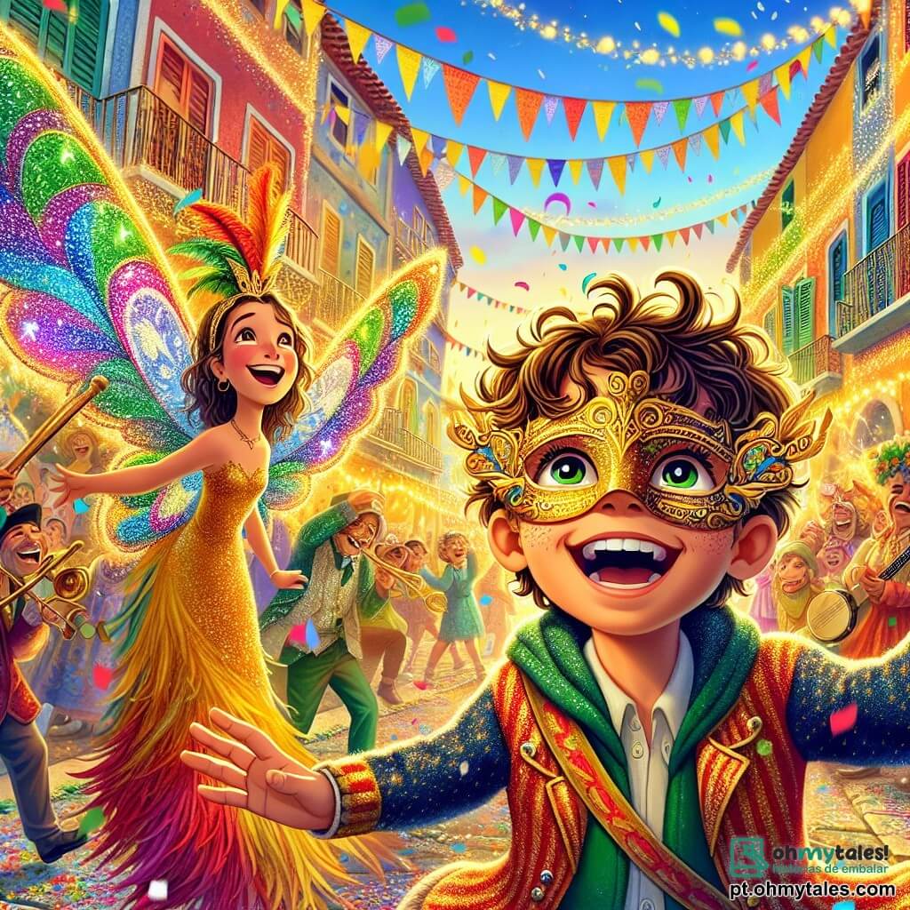 Um menino de 10 anos, Lucas, com cabelo castanho e cacheado, usa uma linda máscara dourada adornada com padrões cintilantes. Seu rosto expressa grande alegria e deslumbramento enquanto dança no meio de uma multidão colorida durante um carnaval. Ao seu lado, sua melhor amiga Sofia, uma menina de 9 anos, está fantasiada de borboleta com asas multicoloridas que brilham ao sol. Ela sorri amplamente, segurando a mão de Lucas, pronta para levá-lo à aventura. O cenário é uma rua animada da Vila dos Sorrisos, cheia de faixas vibrantes, confetes flutuando no ar e músicos tocando instrumentos festivos. As casas são pintadas de cores vivas, e luzes cintilantes decoram cada canto. A cena principal mostra Lucas e Sofia, cercados de risos e música, prestes a atravessar um portal mágico que os levará a um mundo fantástico, simbolizando o espírito do carnaval e a aventura que os aguarda.