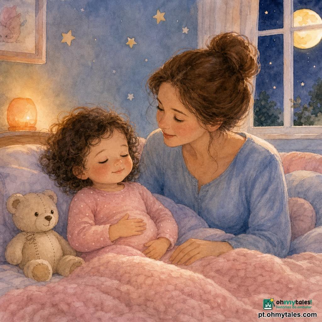 Menina de 2 anos, rosto redondo, cabelos pretos em pequenos cachos, olhos doces e um pouco cansados, sorriso leve; sentada numa cama macia com a mão no ventre, inspirando calmamente; mãe (~30 anos) de cabelo castanho preso em coque, olhar terno, sentada ao lado com a mão na coberta, falando suavemente; ursinho de pelúcia creme apoiado no travesseiro; quarto infantil em plano fechado: manta de lã rosa pálido, almofadas redondas, luz noturna laranja suave, paredes azul-pastel com estrelinhas e janela aberta mostrando uma lua amarela e céu anil; cena de calma antes do sono, gestos lentos, respiração visível, atmosfera serena e segura, paleta aquarelada de tons pastéis com sombras muito leves.