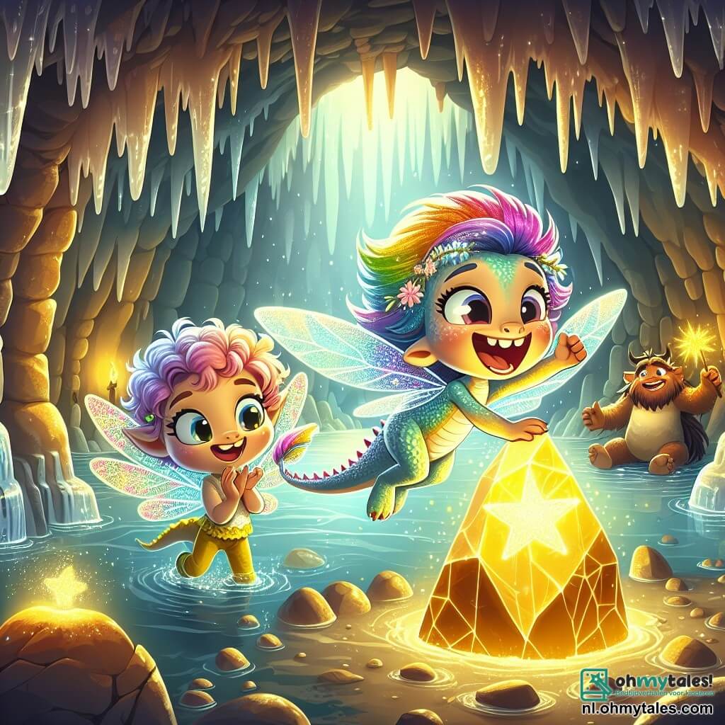Fien, een jonge draak met glanzende schubben in regenboogkleuren, danst vrolijk in een mysterieuze grot, met sprankelende ogen en een brede glimlach. Naast haar springt Lila, een kleine fee met glinsterende vleugels en krullend haar, van blijdschap en applaudisseert voor Fien. De grot is gevuld met fonkelende stalactieten en glibberige muren die stralen onder het zachte licht van een gouden ster, wat een magische en betoverende sfeer creëert. Achterin de grot straalt een grote lichtgevende steen, die de beroemde ster van vriendschap vertegenwoordigt, een warme gloed uit die de aandacht van de twee avonturiers trekt. In deze scène vieren Fien en Lila hun overwinning door rond de steen te dansen, vol vreugde en energie, terwijl de slapende troll met een tevreden glimlach op de achtergrond naar hun vrolijke muziek luistert.