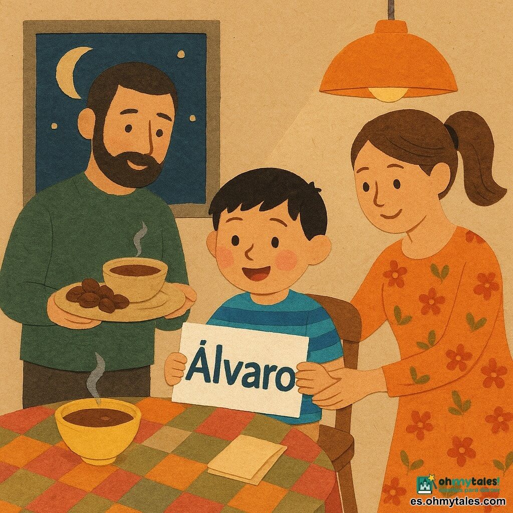 Un niño de 4 años, rostro redondo y mejillas rosadas, pelo corto negro, expresión maravillada, sostiene una hoja con su nombre y señala el punto brillante sobre la "i"; viste camiseta azul de rayas y pantalón beige, sentado en una silla junto a la mesa; a su derecha está la madre (unos 30 años) con coleta y sonrisa suave, guiando sus manos y vistiendo un delantal de flores; a la izquierda, el padre (unos 35 años) con barba corta y mirada amable sostiene un plato de dátiles y sopa; la escena ocurre en un comedor cálido con mesa redonda y mantel colorido, bol de sopa humeante, dátiles brillantes, luz naranja suave de una lámpara y una ventana que muestra una luna delgada y cielo nocturno; la familia se prepara para romper el ayuno, ambiente tierno y gestos compartidos; estilo de papel recortado con colores vivos y contrastados, elementos superpuestos, sombras simples y contornos nítidos.