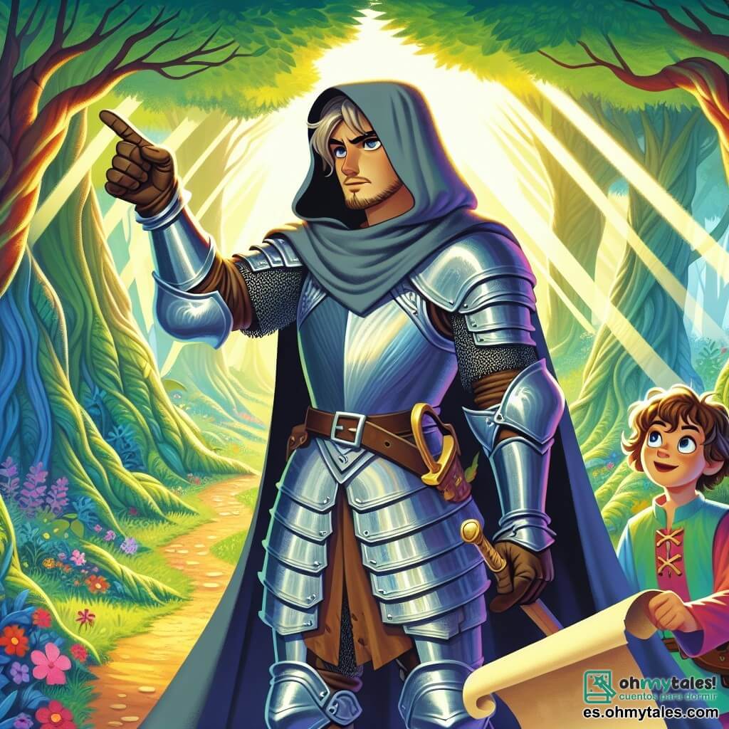 Un caballero misterioso, El Encapuchado, se encuentra en el centro de la escena, vistiendo una brillante armadura que brilla bajo la luz del sol. Su capa gris flota ligeramente al viento y su rostro está cubierto por una capucha, dejando entrever una luz de determinación en sus ojos. Observa atentamente un camino frente a él, con una expresión que mezcla curiosidad y valentía. A su derecha, un joven mensajero de unos 12 años, con cabello rizado y vestido con una túnica colorida, sostiene un rollo de pergamino. Parece emocionado, señalando el camino que el caballero debe tomar, con una sonrisa radiante en su rostro. El escenario es un magnífico y denso Bosque de los Susurros, donde árboles majestuosos de hojas verde esmeralda se elevan alto en el cielo. Rayos de sol filtran a través de las ramas, creando patrones luminosos en el suelo cubierto de musgo. Flores coloridas bordean el camino, añadiendo un toque de magia al entorno. La situación principal muestra a El Encapuchado dudando ante tres senderos misteriosos, cada uno rodeado de niebla y misterio, simbolizando las difíciles decisiones que debe tomar para continuar su aventura.