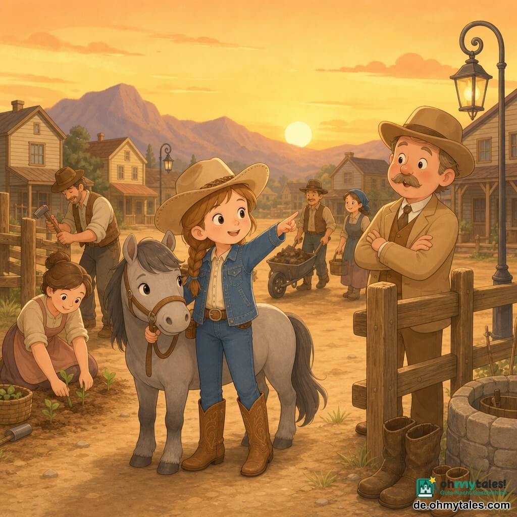 Eine junge Cowgirl lächelnd und entschlossen, hellbraune geflochtene Haare, beiger Cowboyhut, blaue Jeansjacke, hellbraune Lederstiefel, hält die Zügel ihres kleinen grauen Ponys und zeigt zum Horizont; ein älterer Mann von etwa 50 Jahren mit rundem Gesicht und feinem Schnurrbart in hellem Braunanzug steht mit verschränkten Armen an einem Holzzaun, überrascht aber milde blickend; mehrere Dorfbewohner (Männer und Frauen, rund 30–40) arbeiten im Hintergrund, eine Frau pflanzt Setzlinge, ein Mann repariert einen Zaun, alle lächelnd und leicht mit Erde beschmutzt; Schauplatz: staubiger Platz eines Western-Dorfes mit hellen Holzhäusern, niedrigen Bergen im Hintergrund, gelb-orangem Sonnenuntergangshimmel, Eisenlaternen und ein paar Stiefel bei einem Brunnen; Hauptsituation: die Cowgirl leitet die Reparatur der Felder und zeigt Dorfzusammenhalt, freundliche Geste gegenüber dem wohlhabenden Besitzer, warme Atmosphäre, sanfte Farben und klare Kontraste, Komposition zentriert auf Cowgirl und Pony.