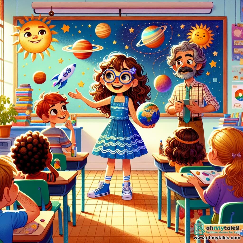 In a bright and colorful classroom, a 12-year-old girl, Emma, stands at the center with wavy brown hair and round glasses. She wears a blue dress with wave patterns and has a big smile, her eyes sparkling with joy and excitement as she presents her solar system project to her classmates. Next to her, her best friend Lily, also 12, has curly red hair and freckles on her face. She sits at a table holding a planet model in her hands, looking at Emma with admiration, ready to help answer questions. Their teacher, Mr. Thompson, a man in his forties with graying brown hair and a checkered shirt, stands at the back of the class, smiling proudly while taking notes on a tablet. The classroom is decorated with colorful posters of planets and stars, with windows letting in sunlight, creating a warm and welcoming atmosphere. The main scene shows Emma confidently sharing her project enthusiastically, while her classmates listen attentively, captivated by her energy and passion for space.