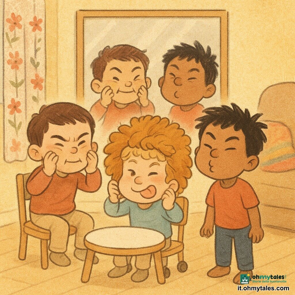 Ci sono tre bambini di 3 anni: Tito, capelli corti castani, schiaccia le guance con le mani facendo la "faccia pancake"; Nino, capelli neri arruffati, gonfia le guance e apre/chiude gli occhi come un "semaforo"; Lallo, capelli biondi ricci, su una sedia a rotelle piccola, fa la smorfia più esagerata imitando un animale tenendo un cuscino a criniera in testa; interno luminoso con pavimento in parquet chiaro lucido, grande specchio alle spalle che riflette i visi, tavolino rotondo con piccolo vassoio bianco come "palcoscenico", tende floreali a sinistra, divano con coperta colorata a destra, luce calda mattutina; i tre fratelli gareggiano a fare smorfie davanti allo specchio, espressioni esagerate, gesti comici e risate; stile disegno morbido, colori pastello e tratto leggermente granulato.