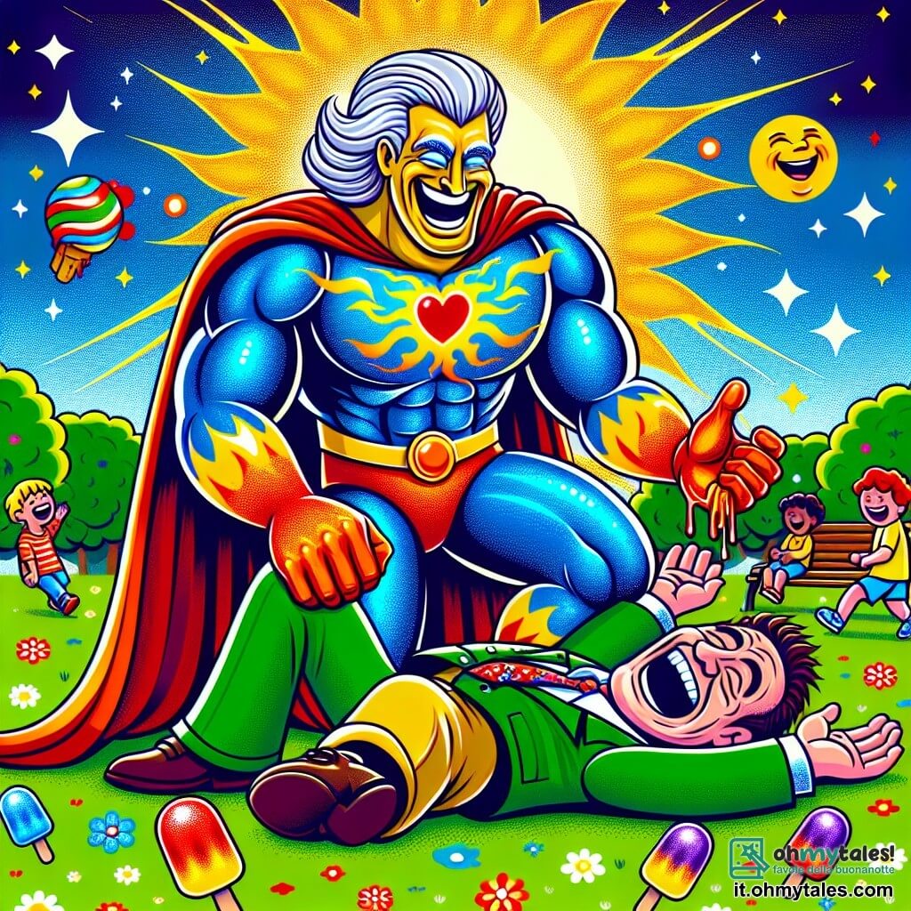 Super-Pippo è un uomo muscoloso con un costume colorato, blu brillante e rosso vivo. Ha un grande sorriso e occhi scintillanti di malizia, mentre usa il dito per fare il solletico a Pastrocchio, un uomo goffo con capelli in disordine e un costume verde da cattivo, che mostra un'espressione di riso incontrollabile. Pastrocchio, di circa 30 anni, è sdraiato sull'erba del parco, circondato da gelati colorati che si sciolgono al sole. Il parco è pieno di alberi verdi, fiori vivaci e bambini che giocano allegramente sullo sfondo. La scena principale mostra Super-Pippo mentre fa ridere Pastrocchio con il suo potere di solletico, mentre condividono un momento di felicità, circondati dai loro nuovi amici, tutti che ridono insieme sotto un cielo azzurro e soleggiato.
