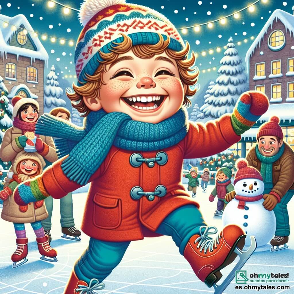 Un niño de 7 años, Lucas, con cabello rizado y una gran sonrisa, está patinando en una pista de hielo al aire libre. Lleva un abrigo rojo brillante, un gorro de lana azul y guantes de colores, y su rostro expresa una alegría deslumbrante mientras se desliza con facilidad sobre el hielo. Cerca, su mamá, una mujer de unos treinta años con cabello castaño y una bufanda de lana, lo anima con una sonrisa cálida, sosteniendo una taza de chocolate caliente en sus manos. Su papá, un hombre corpulento con barba castaña, está construyendo un muñeco de nieve, riendo con Lucas mientras le pone una zanahoria como nariz. La escena tiene lugar en un encantador pueblo nevado, con casas con techos cubiertos de nieve, luces brillantes colgadas de los árboles y un gran árbol de Navidad decorado en el centro de la plaza, iluminando toda la escena con un suave resplandor festivo. Lucas, en plena acción, se desliza alegremente sobre la pista de hielo, rodeado de su familia y amigos, creando recuerdos inolvidables en una mágica atmósfera invernal.