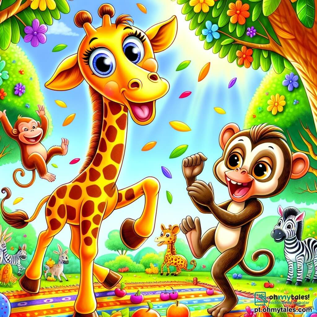 Uma girafa alegre chamada Jujuba, com um longo pescoço manchado de cores vivas, dança com um grande sorriso no rosto, seus olhos brilhando de felicidade. Ao lado dela, um macaco travesso chamado Pancada, com pelagem marrom e olhos maliciosos, balança em um galho de árvore, rindo e aplaudindo. Perto dali, uma zebra elegante chamada Listras, com listras pretas e brancas, se ergue sobre as patas traseiras, batendo palmas ao ritmo da música. A cena acontece em uma clareira ensolarada da floresta, cercada por árvores de folhas coloridas e flores vibrantes que dançam com o vento. No centro da clareira, uma grande festa está em andamento, com frutas coloridas dispostas em esteiras e animais da floresta dançando alegremente. Jujuba, Pancada e Listras celebram juntos, cercados de risos e música, criando uma atmosfera festiva e amigável.