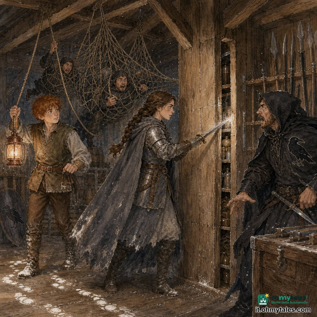 Cavaliere donna dall'espressione determinata e calma, volto europeo, mantello cenere, armatura consumata opaca, capelli castani in treccia, punta di spada conficcata in una trave rivelando un piccolo scomparto segreto; ragazzo scudiero di circa 14 anni, capelli rossi arruffati, lanterna di rame in una mano e corda nell'altra, con tracce di farina sugli stivali, leggermente dietro a sinistra; capo dei predoni, uomo sui 30–35 anni con cappuccio nero e corvo ricamato, sguardo sorpreso mentre arretra vicino a una cassa con la mano su una daga; due predoni impigliati in reti cadute dalle travi, cuffie scure e stivali fangosi; granaio delle armi: ampia sala in legno scuro con travi a vista, scaffali di lance e spade, casse impilate e polvere sospesa, segni di farina a terra; situazione: imboscata nel granaio, reti che precipitano, farina e polvere in aria, la cavaliere attiva una botola segreta mentre il ragazzo accende la lanterna e immobilizza gli intrusi.