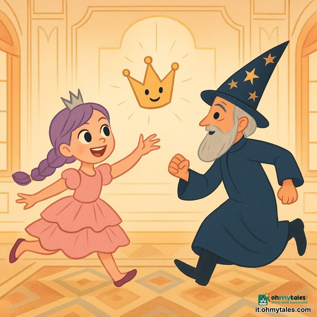 La principessa Lillà, gioiosa e birichina, ha grandi occhi brillanti, treccia lilla, un vestito rosa cipria a balze e una piccola corona d'argento che è saltata; ride e tende la mano verso una corona animata che volteggia con occhi sorridenti e riflessi metallici al centro della scena. Il mago di corte, uomo di circa 60 anni con barba grigia e cappello a punta stellato e veste blu notte, corre seguendo la principessa con il cappello capovolto. L'interno del castello è una grande sala luminosa con pareti color crema, modanature dorate, tende pastello e ampie finestre che lasciano entrare una luce calda: atmosfera giocosa e leggera, colori tenui, forme arrotondate, composizione centrale e chiara adatta ai bambini.