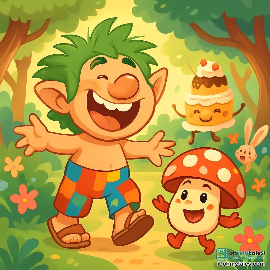 Un troll felice di nome Trollo, con un grande naso rotondo, capelli verdi spettinati e un sorriso splendente, si trova al centro della scena ridendo a crepapelle. Indossa pantaloni colorati a patchwork e sandali di pelle usurata. Accanto a lui, il fungo Gigirotondo, un piccolo fungo dai colori vivaci con un cappello rosso a pois bianchi, salta di gioia, con gli occhi scintillanti di malizia. Lo sfondo è una foresta incantata, piena di alberi dai tronchi contorti, fiori multicolori e una luce soffusa che filtra tra le foglie. In lontananza, una torta gigante, decorata con panna e frutta, danza felice tra gli alberi, mentre un coniglietto dalle orecchie lunghe, che starnutisce farfalle, si nasconde dietro un cespuglio. La scena mostra Trollo e Gigirotondo che ridono insieme, pronti a vivere una giornata piena di scherzi e avventure in questo mondo magico e stravagante.