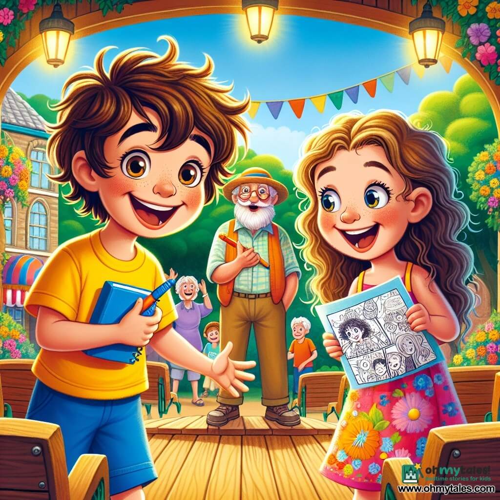 A 10-year-old boy, Leo, with messy brown hair and sparkling eyes, stands at the center of an outdoor stage, a big smile lighting up his face. He wears a bright yellow t-shirt and blue shorts, holding a blue notebook in one hand and an orange pen in the other. Next to him is a 9-year-old girl, Maya, with long curly hair, dressed in a colorful floral dress, proudly showing him a comic she drew, her face beaming with excitement. An elderly man, Mr. Gómez, with a white beard and a gardener's hat, stands in the background, smiling and holding a small potted plant, adding a warm touch to the scene. The setting is an outdoor theater surrounded by lush greenery and colorful flowers, with wooden benches and a small podium decorated with paper garlands. Balloons float in the air, and the sky is a bright blue, dotted with fluffy white clouds. The main scene shows Leo reading a list of thanks aloud, surrounded by friends and neighbors who are laughing and applauding, creating a festive and joyful atmosphere.